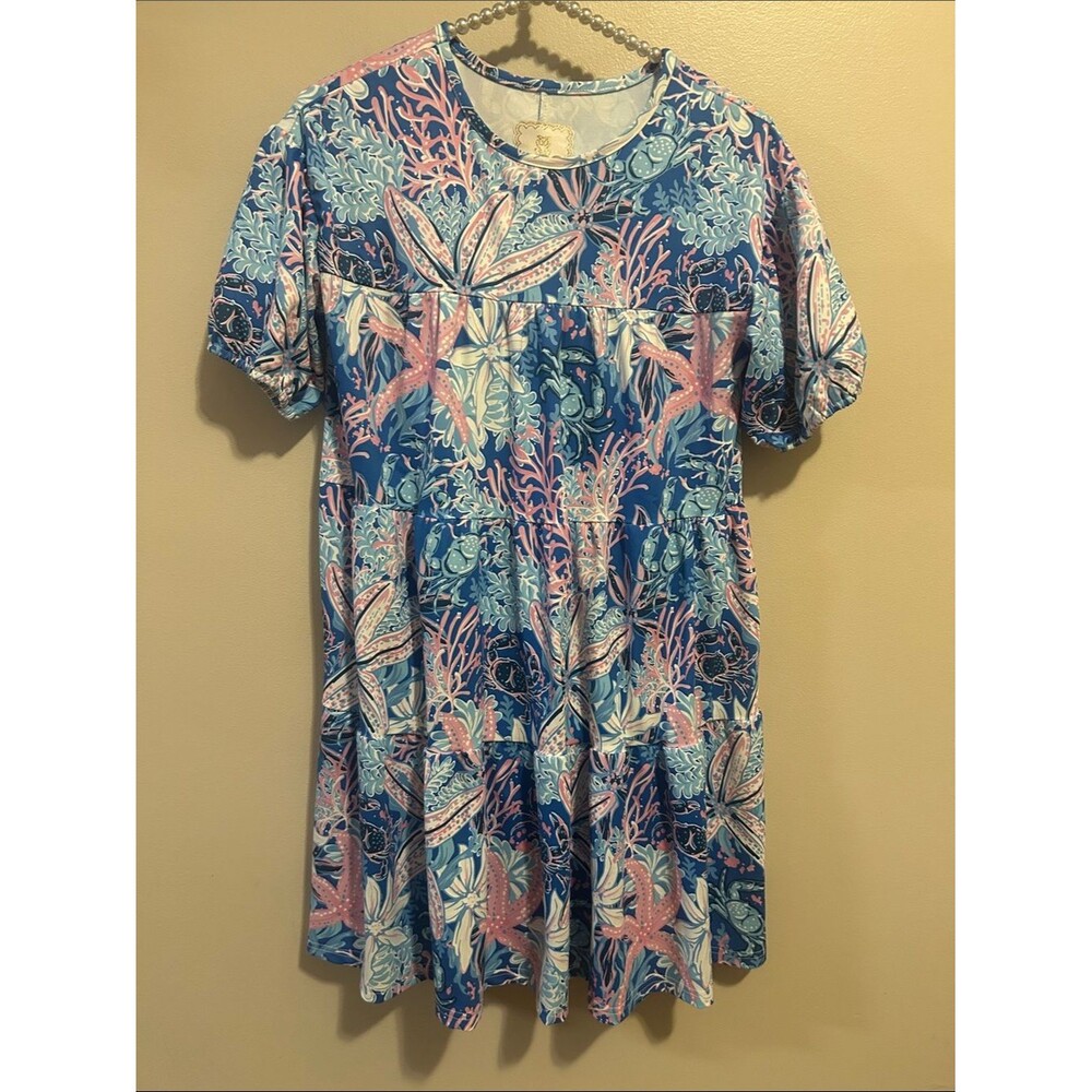 Simply Southern Dress Youth Medium YM Blue Pink Ocean Sea Turtle Tiered UPF 50+